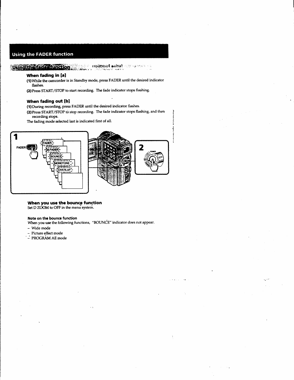 When fading in [a, When fading out [b, When you use the bounce funrtion | Note on the bounce function, Using the fader function | Sony DCR-PC1 User Manual | Page 33 / 102