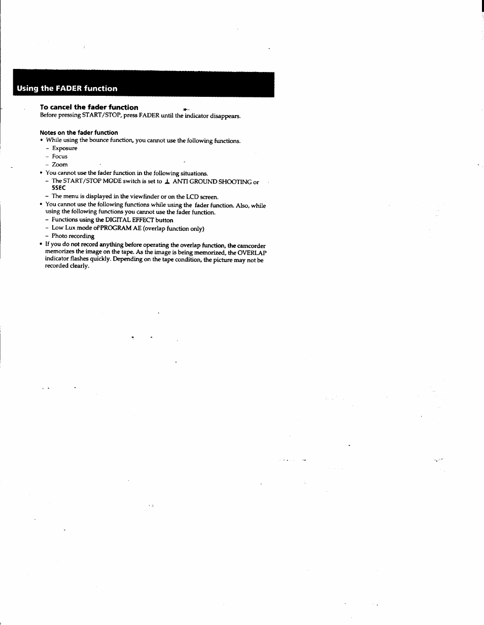 To cancel the fader function, Notes on the fader function, Using the fader function | Sony DCR-PC1 User Manual | Page 34 / 102