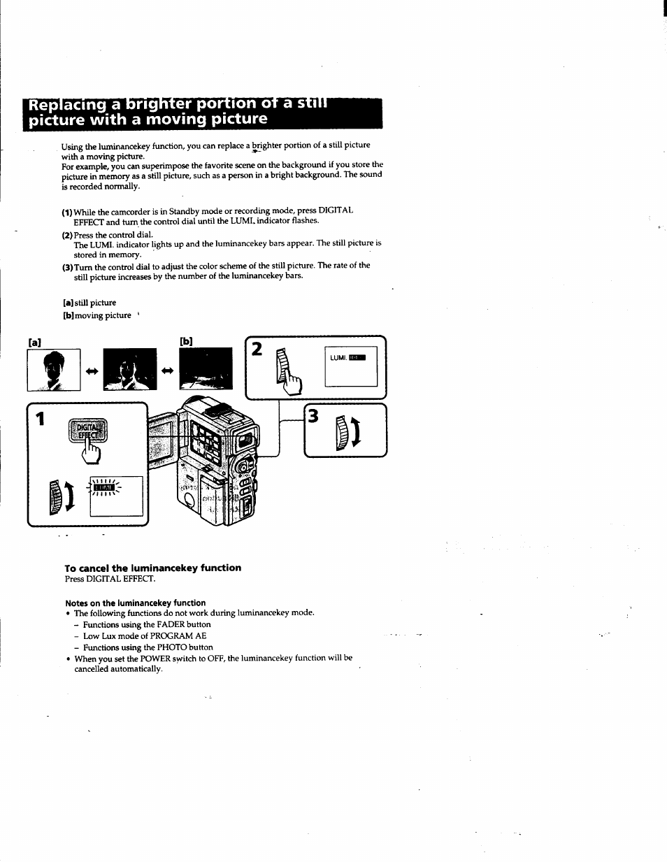 To cancel the luminancekey function, Notes on the luminancekey function | Sony DCR-PC1 User Manual | Page 39 / 102