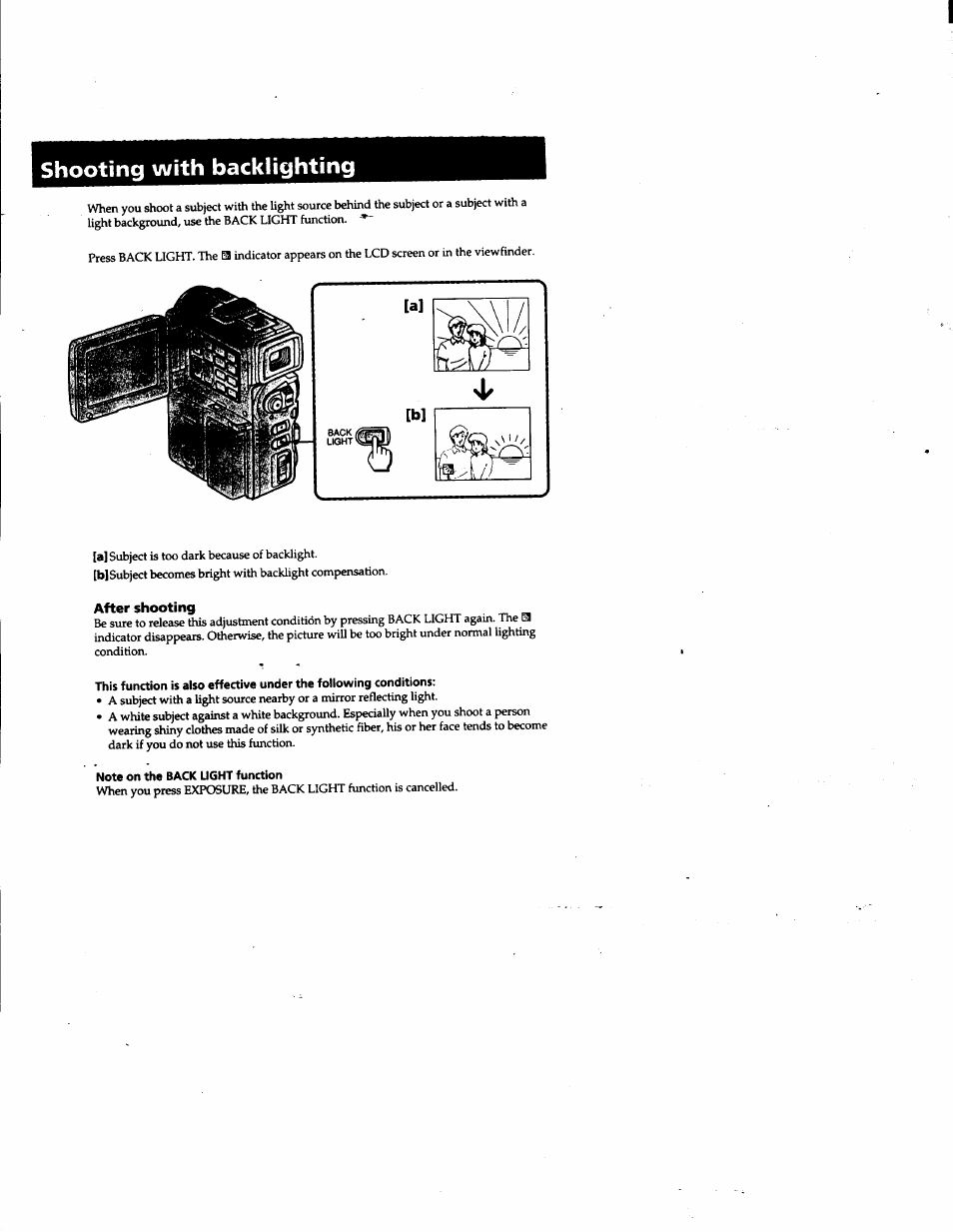 Shooting with backlighting, After shooting, Note on the back light function | Sony DCR-PC1 User Manual | Page 43 / 102