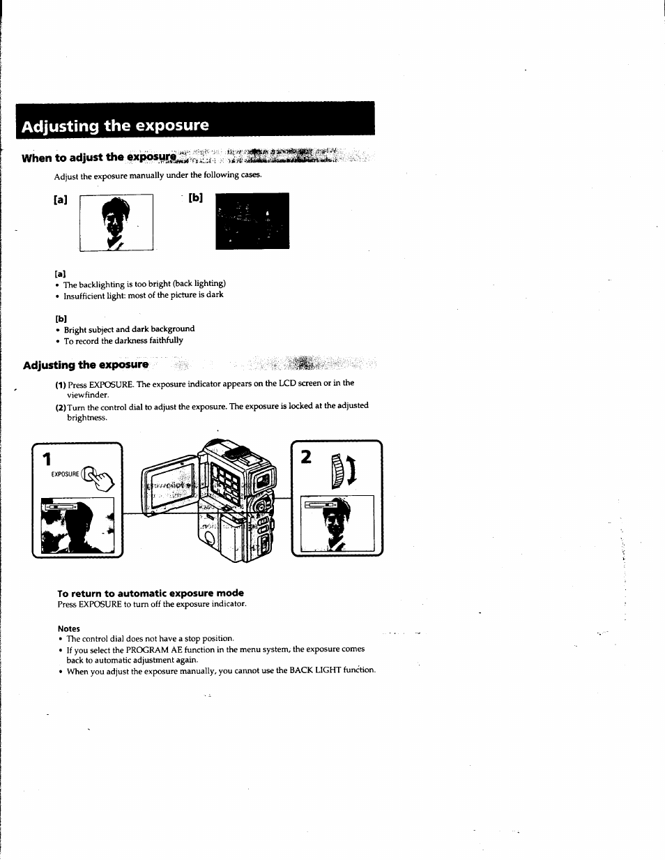 Adjusting the exposure, When to adjust the exposuif, La] [b | To return to automatic exposure mode, La] ------ --------- [b | Sony DCR-PC1 User Manual | Page 44 / 102