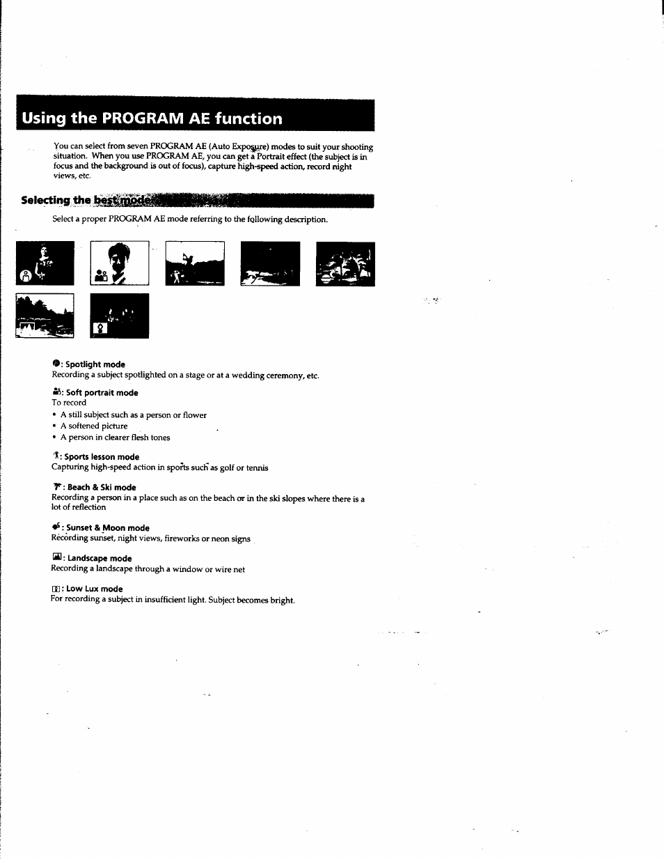 Using the program ae function, Selecting ;the be, Using the prcx | Ram ae function, F uj | Sony DCR-PC1 User Manual | Page 46 / 102