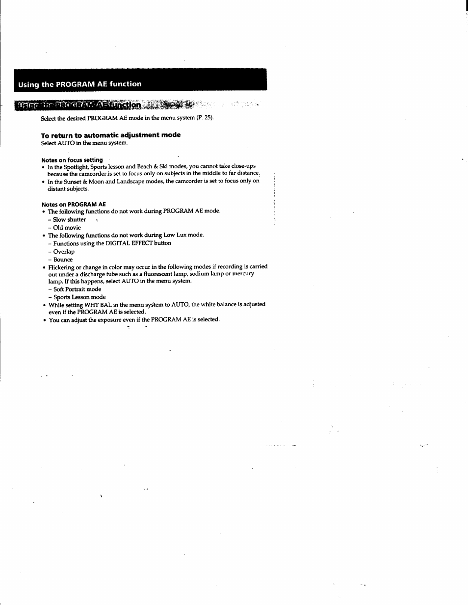 Using the program ae function, To return to automatic adjustment mode, Notes on focus setting | Notes on program ae | Sony DCR-PC1 User Manual | Page 47 / 102