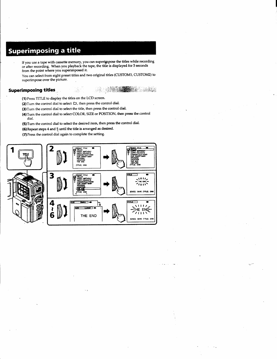 Superimposing a title, Superimposing titles | Sony DCR-PC1 User Manual | Page 50 / 102