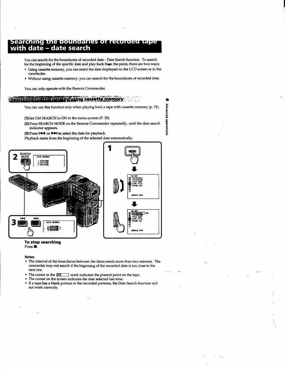 Earc, With date - date search, To stop searching | Notes, Tape with date - date search, Earc with date - date search | Sony DCR-PC1 User Manual | Page 59 / 102