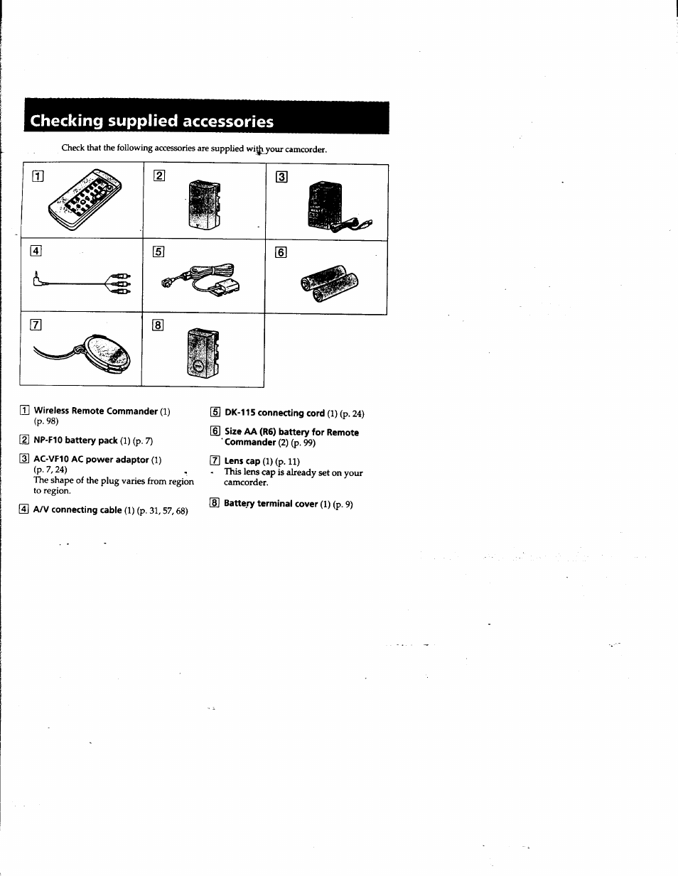 Checking supplied accessories, T] wireless remote commander (1) | Sony DCR-PC1 User Manual | Page 6 / 102