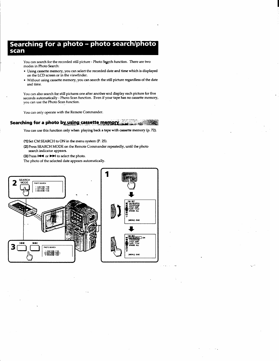 Searching for a photo - photo search/photo scan, Searching for a photo bj|a|ijig.^ssetfe„|m|i | Sony DCR-PC1 User Manual | Page 62 / 102