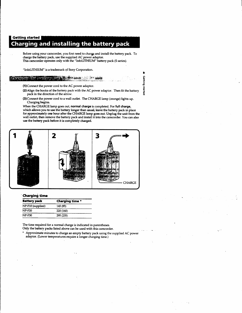 Getting started, Charging and installing the battery pack | Sony DCR-PC1 User Manual | Page 7 / 102