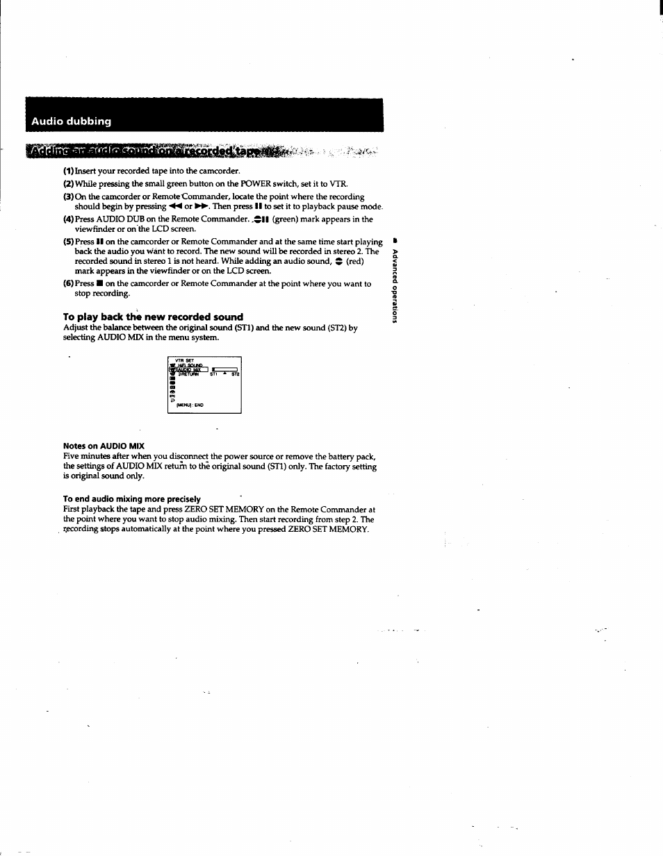 To play back the new recorded sound, Notes on audio mix, To end audio mixing more precisely | Sony DCR-PC1 User Manual | Page 71 / 102