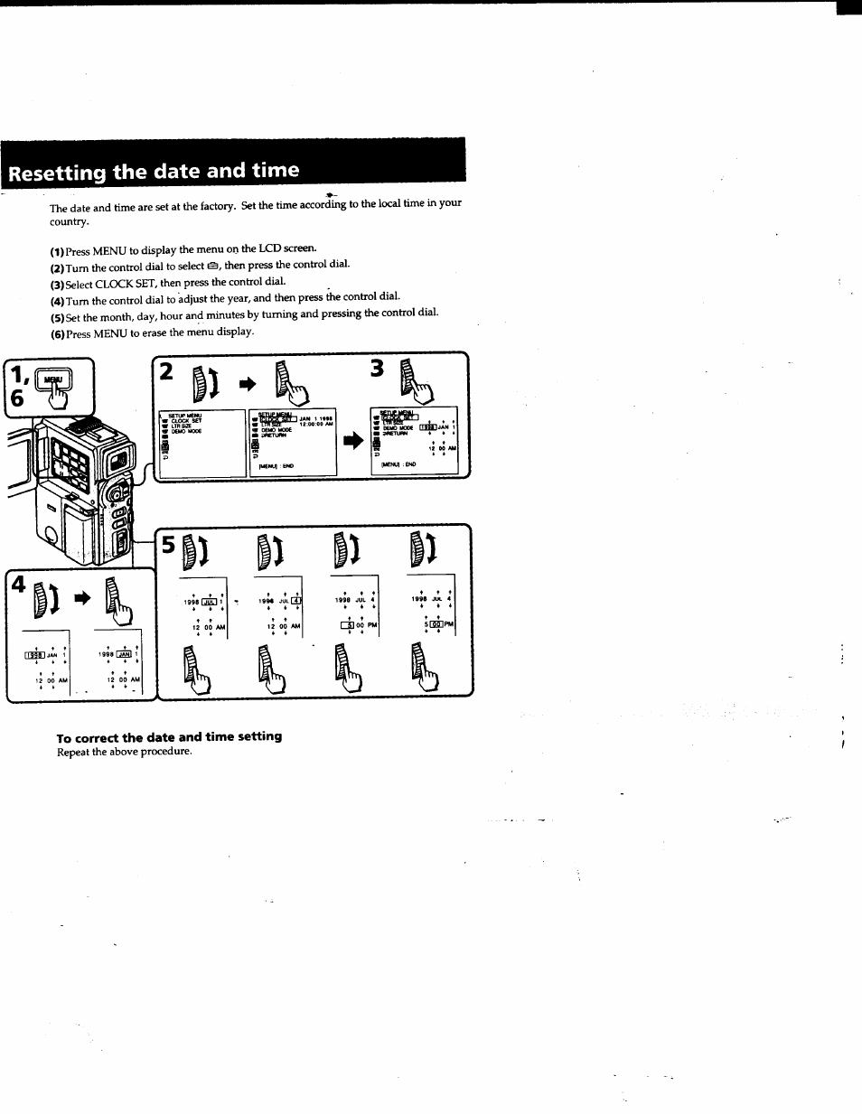 Resetting the date and time, To correct the date and time setting | Sony DCR-PC1 User Manual | Page 74 / 102