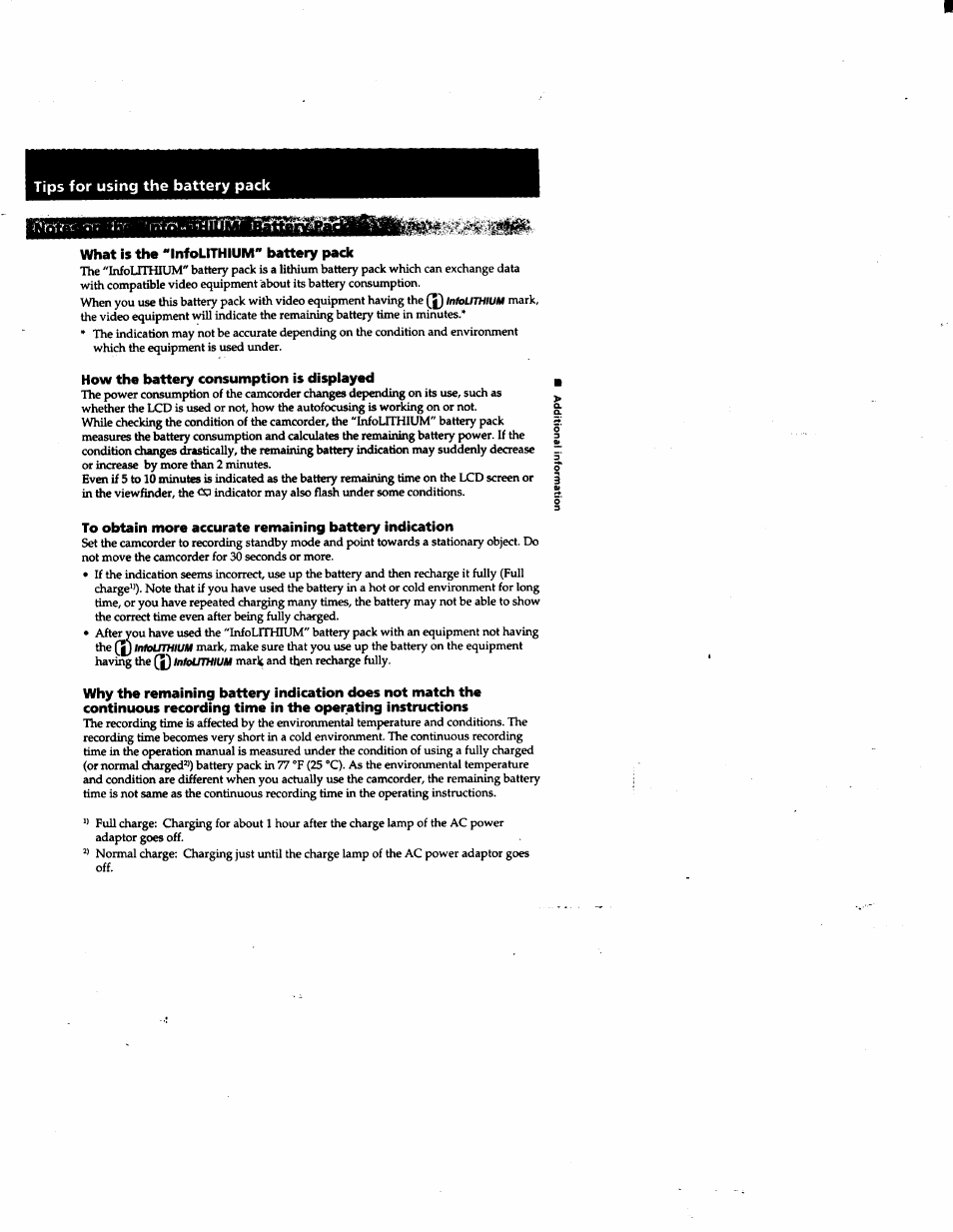 What is the “infolithium'' battery pack, How the battery consumption is displayed, Tips for using the battery pack | Sony DCR-PC1 User Manual | Page 77 / 102