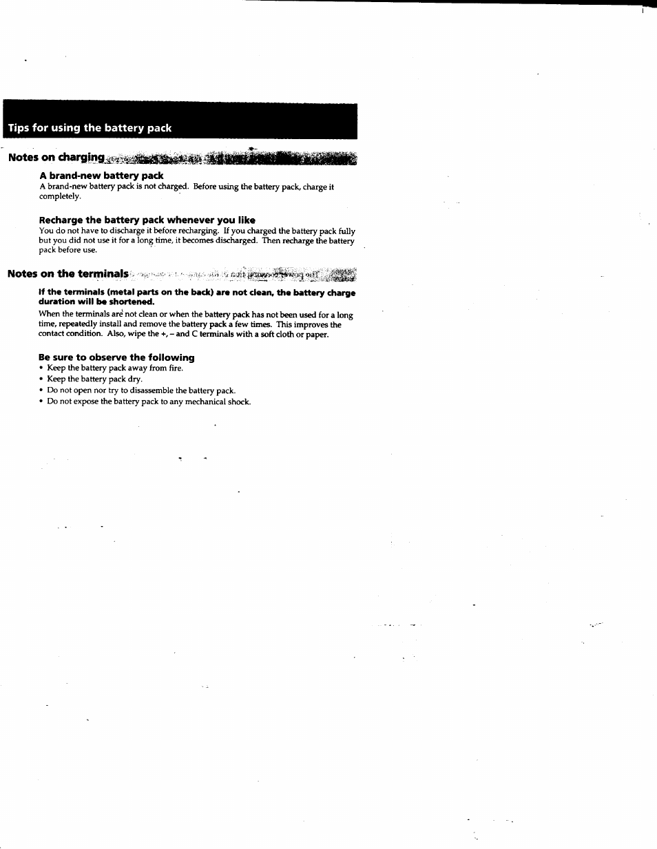 Notes on charging, A brand-new battery pack, Recharge the battery pack whenever you like | Be sure to observe the following, Tips for using the battery pack | Sony DCR-PC1 User Manual | Page 78 / 102
