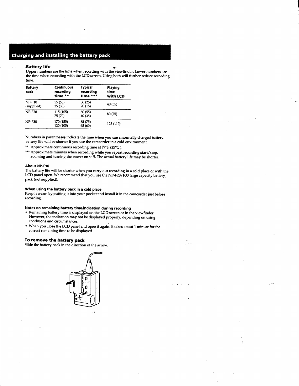 Battery life, About np-f10, When using the battery pack in a coid piace | Ter remove the battery pack, Charging and installing the battery pack | Sony DCR-PC1 User Manual | Page 8 / 102