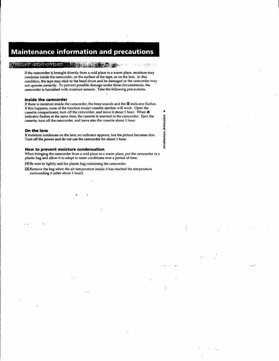 Maintenance information and precautions, Inside the camcorder, On the lens | How to prevent moisture condensation | Sony DCR-PC1 User Manual | Page 81 / 102