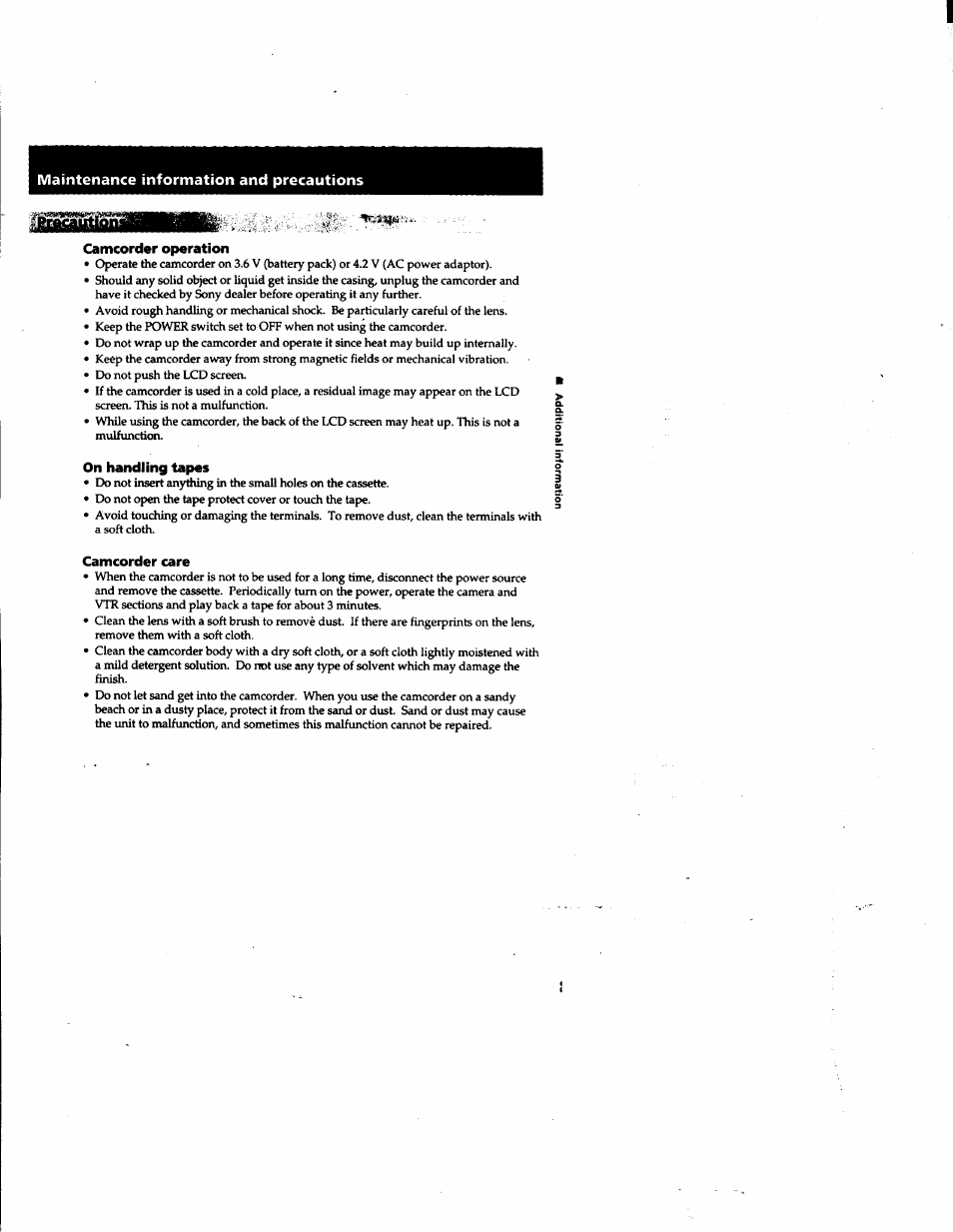 Camcorder operation, On handling tapes, Camcorder care | Maintenance information and precautions | Sony DCR-PC1 User Manual | Page 83 / 102