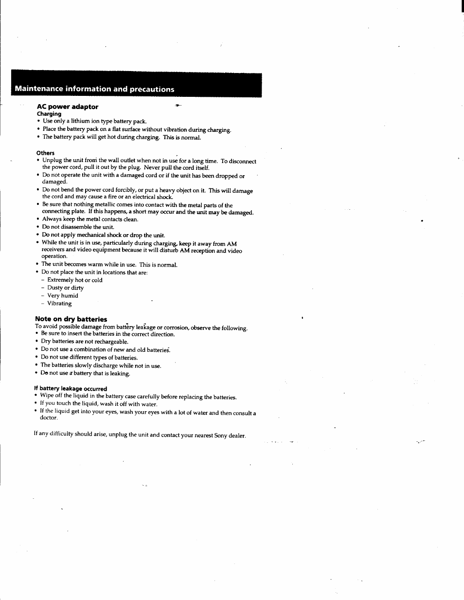 Ac power adaptor, Others, Note on dry batteries | If battery leakage occurred, Maintenance information and precautions | Sony DCR-PC1 User Manual | Page 84 / 102