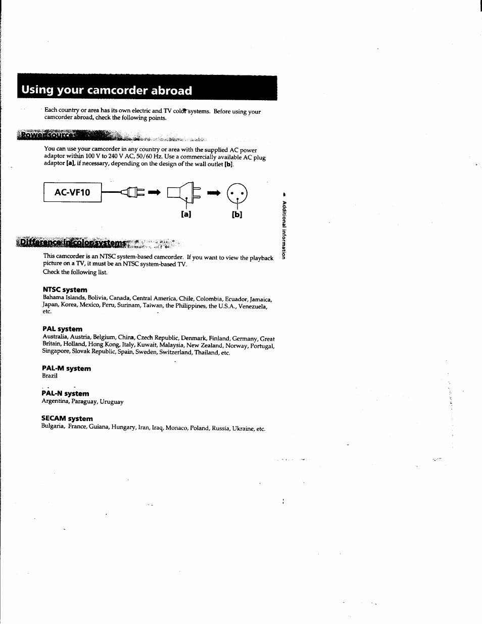 Using your camcorder abroad, Ac-vf10, Ntsc system | Pal system, Pal-m system, Pal'n system, Secam system, Ac-vf10 —cot [a | Sony DCR-PC1 User Manual | Page 85 / 102