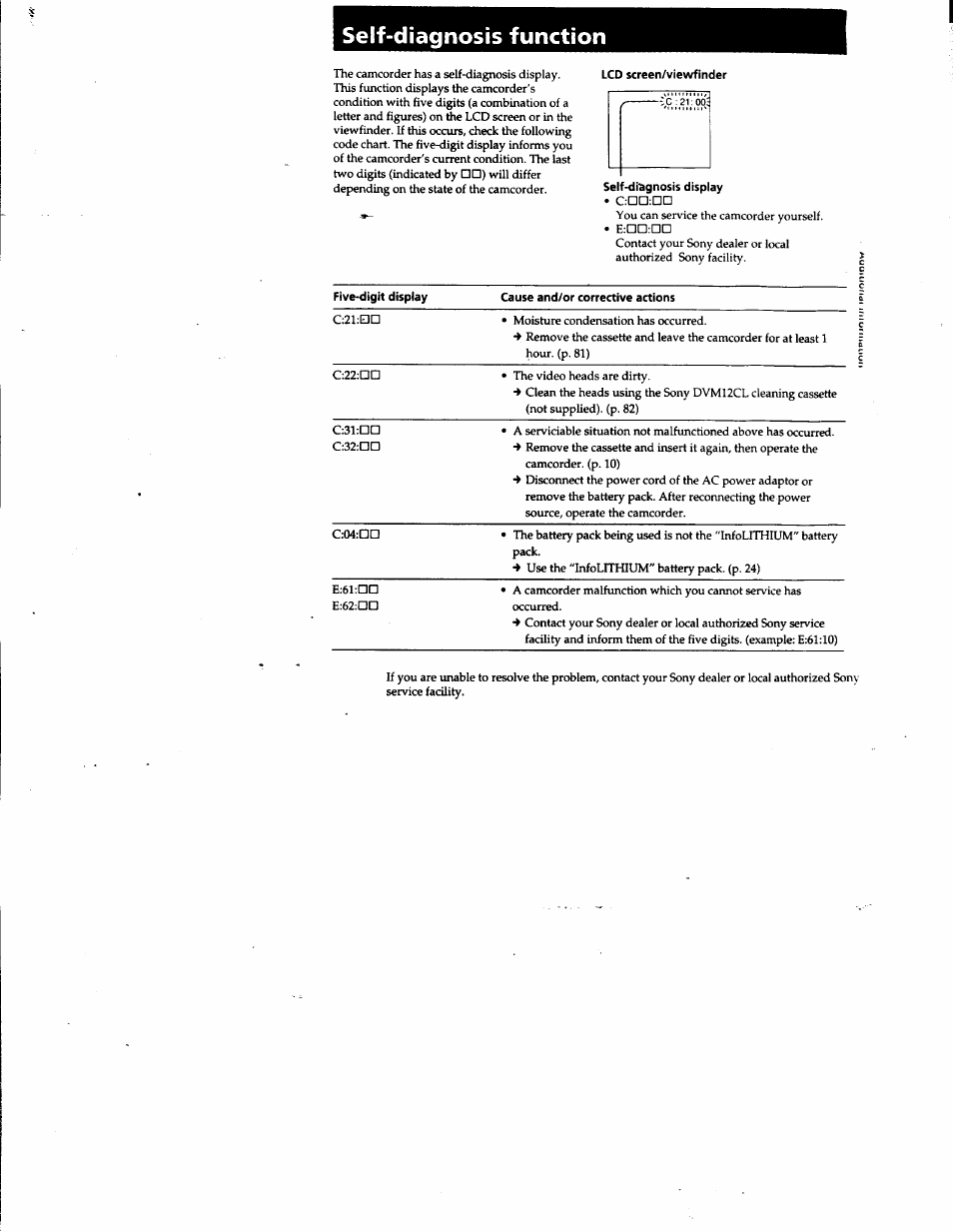 Self-diagnosis function, Lcd screen/viewfinder, Self-diagnosis display | Sony DCR-PC1 User Manual | Page 91 / 102