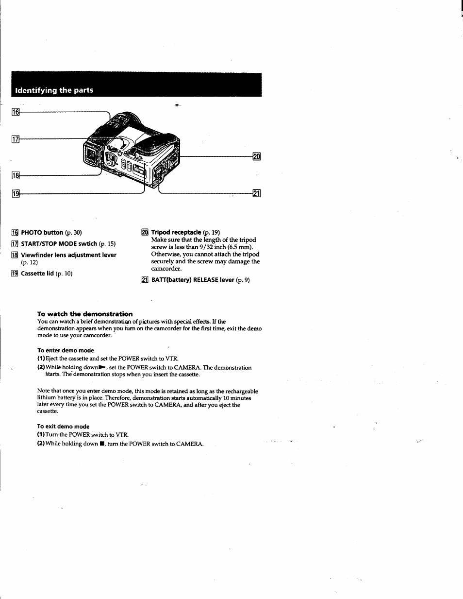 Hi photo button (p. 30), El cassette lid (p. 10), Tripod receptade (p. 19) | Batt(battery) release lever (p. 9), To watch the demonstration, To enter demo mode, To exit demo mode, Identifying the parts | Sony DCR-PC1 User Manual | Page 94 / 102