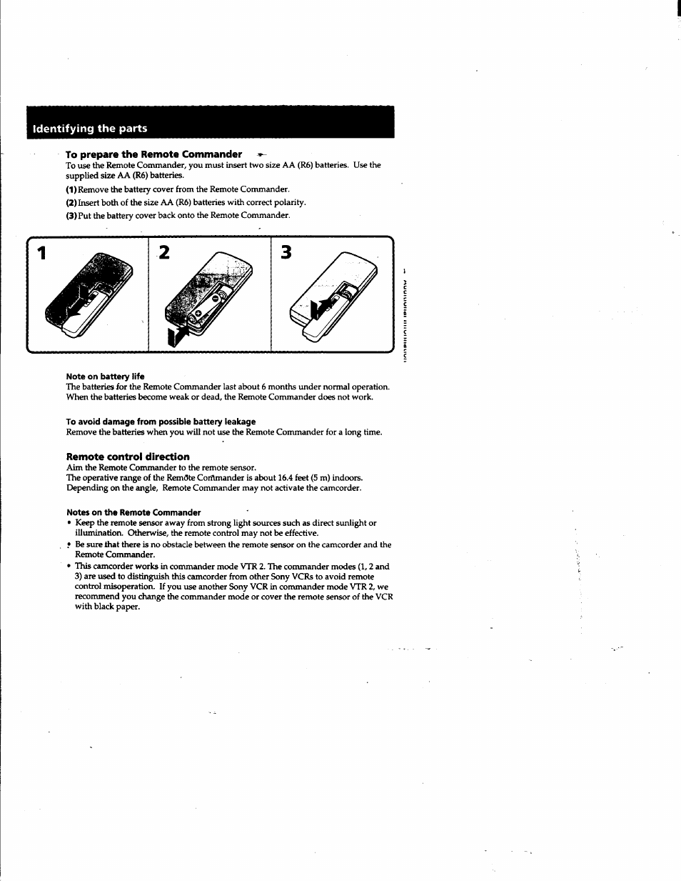 To prepare the remote commander, Note on battery life, To avoid damage from possible battery leakage | Remote control direction, Notes on the remote commander, Identifying the parts | Sony DCR-PC1 User Manual | Page 99 / 102