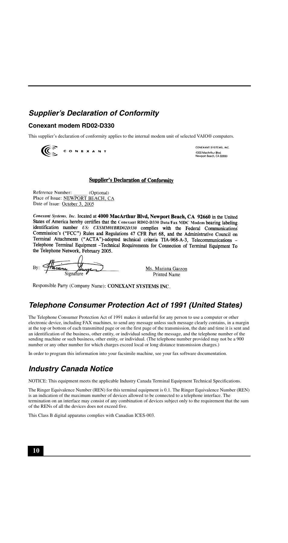 Supplier’s declaration of conformity, Industry canada notice | Sony VGN-N220E User Manual | Page 10 / 20