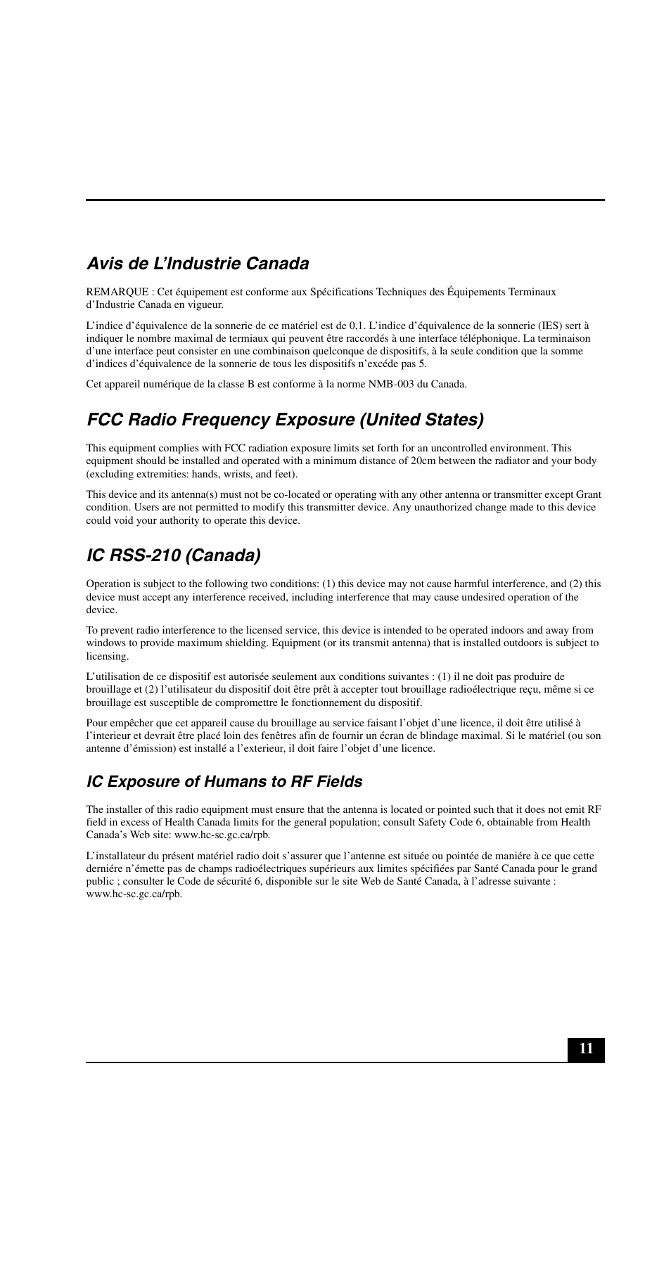 Avis de l’industrie canada, Fcc radio frequency exposure (united states), Ic rss-210 (canada) | Ic exposure of humans to rf fields | Sony VGN-N220E User Manual | Page 11 / 20