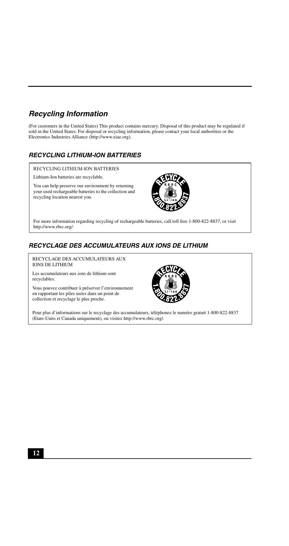 Recycling information | Sony VGN-N220E User Manual | Page 12 / 20