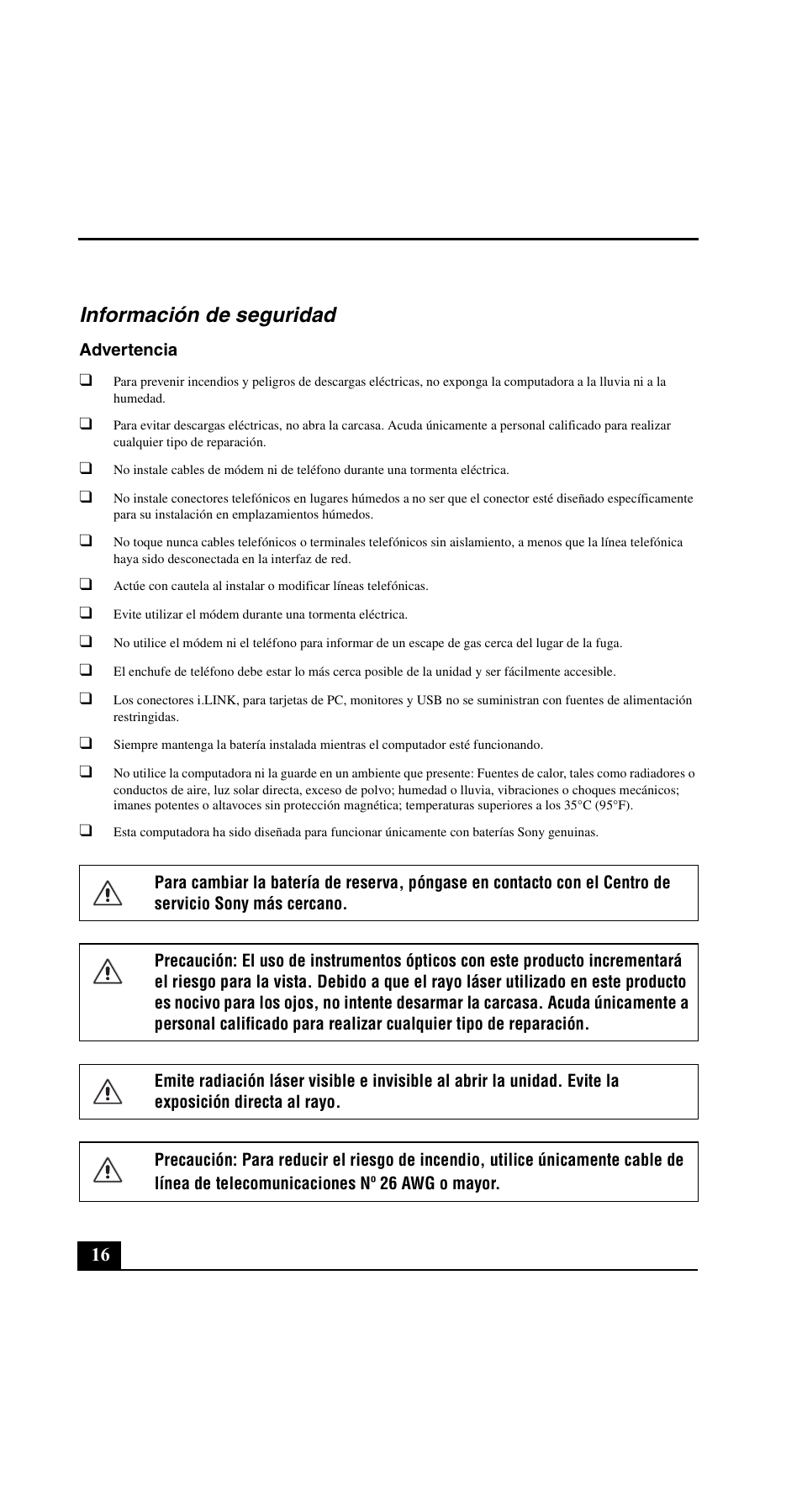 Información de seguridad | Sony VGN-N220E User Manual | Page 16 / 20