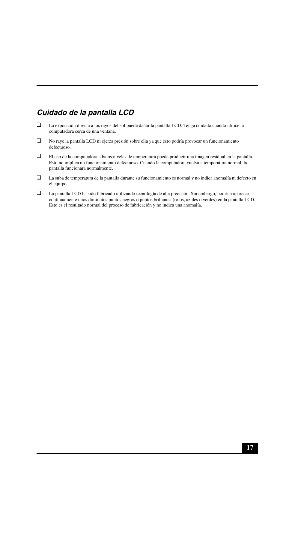 Cuidado de la pantalla lcd | Sony VGN-N220E User Manual | Page 17 / 20