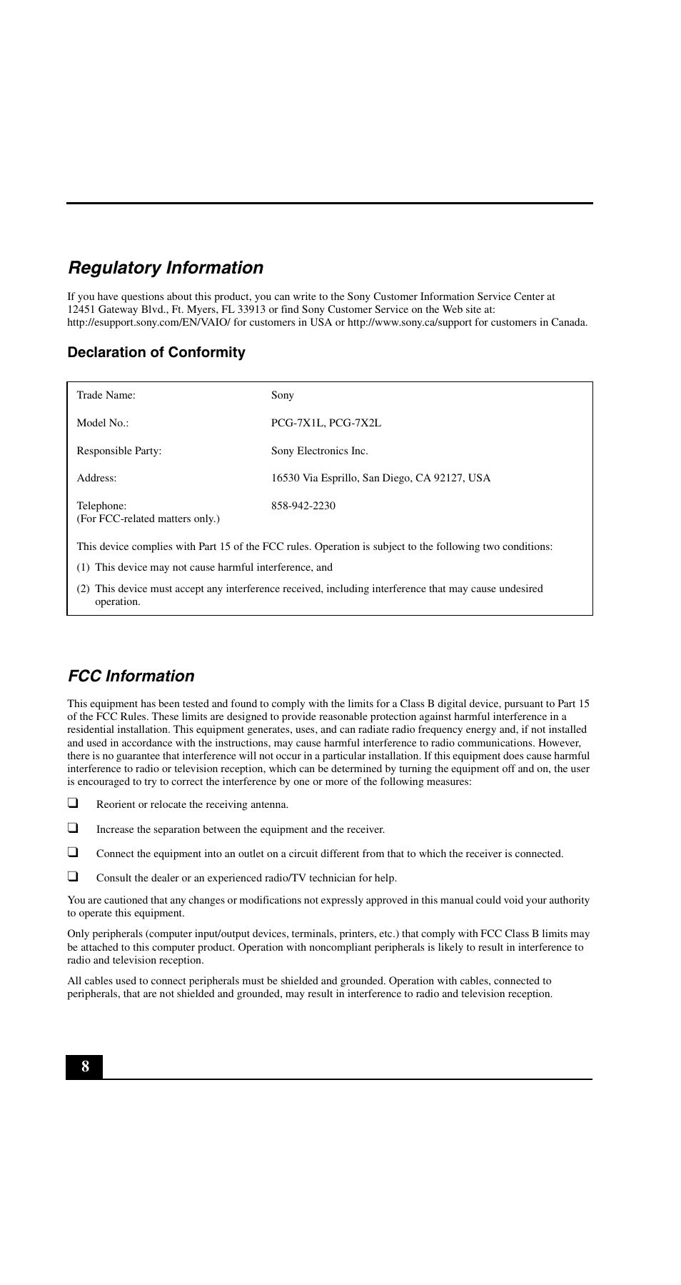 Regulatory information, Fcc information, Declaration of conformity | Sony VGN-N220E User Manual | Page 8 / 20