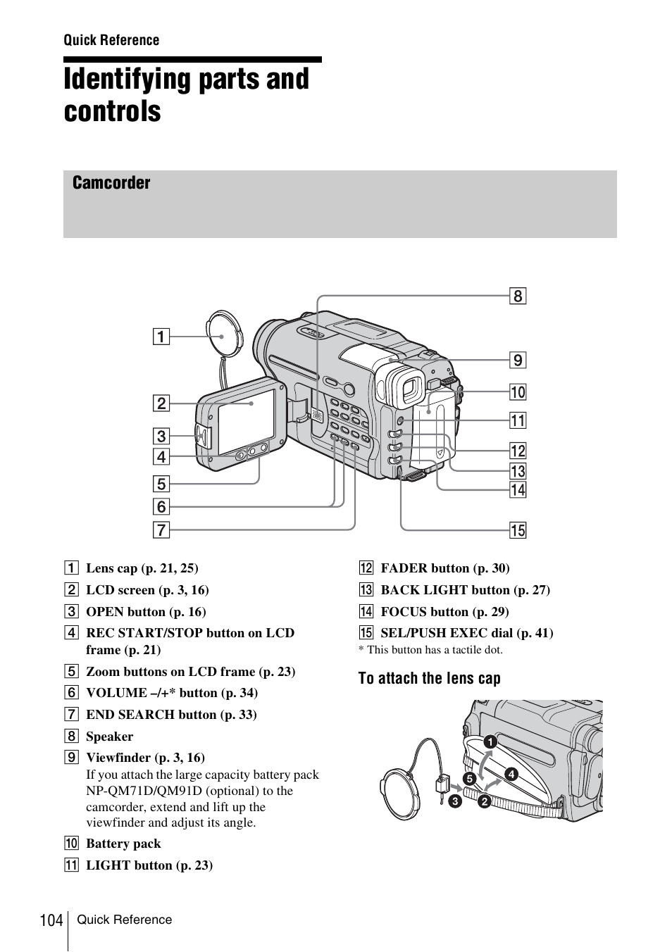 Quick reference, Identifying parts and controls | Sony CCD-TRV338 User Manual | Page 104 / 112