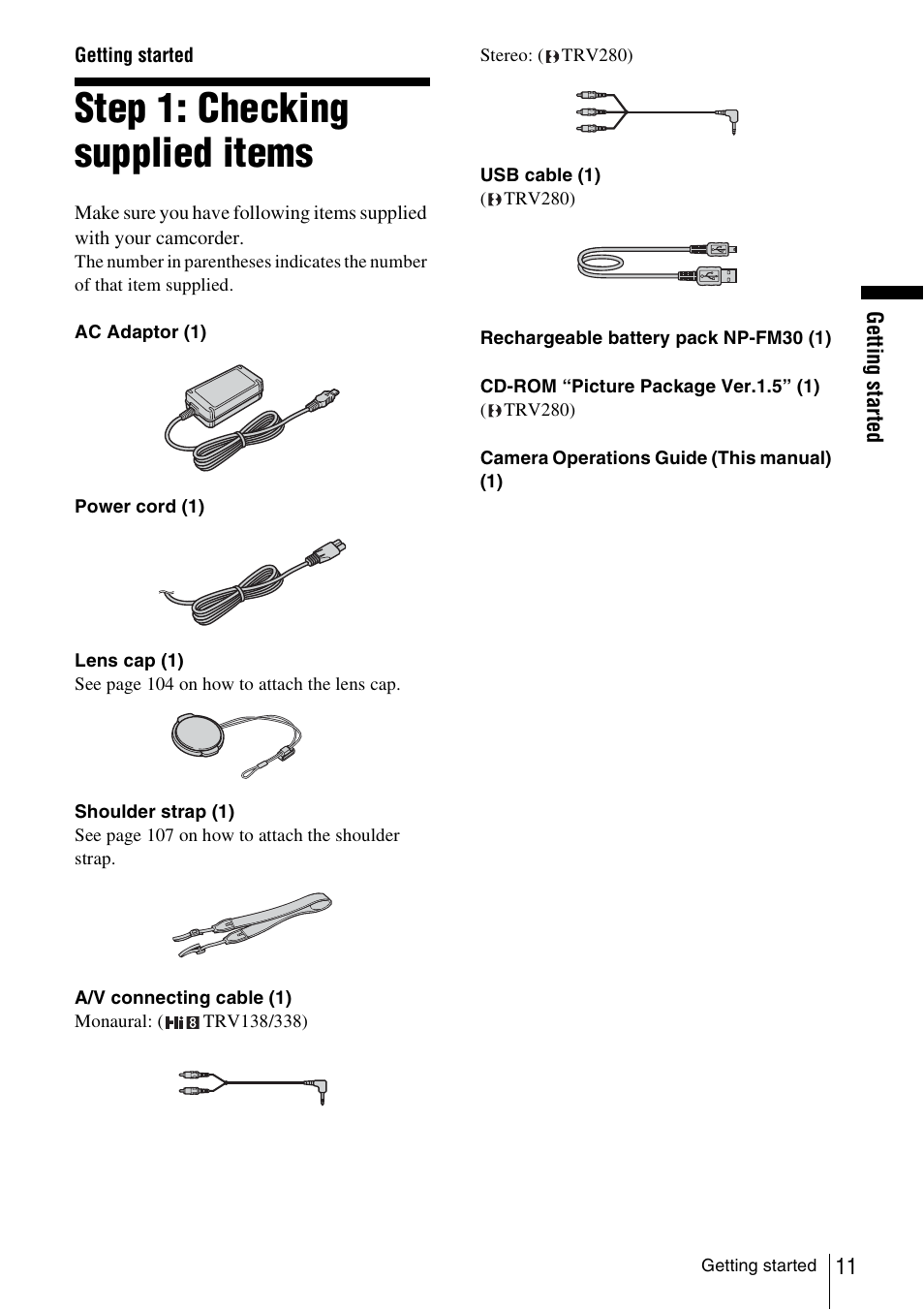 Getting started, Step 1: checking supplied items | Sony CCD-TRV338 User Manual | Page 11 / 112