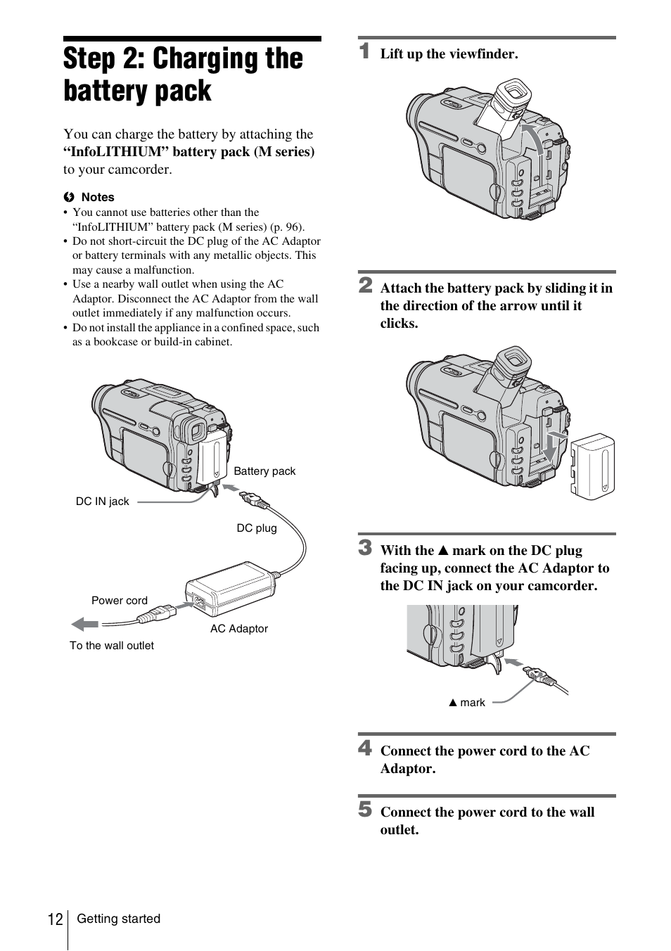 Step 2: charging the battery pack | Sony CCD-TRV338 User Manual | Page 12 / 112