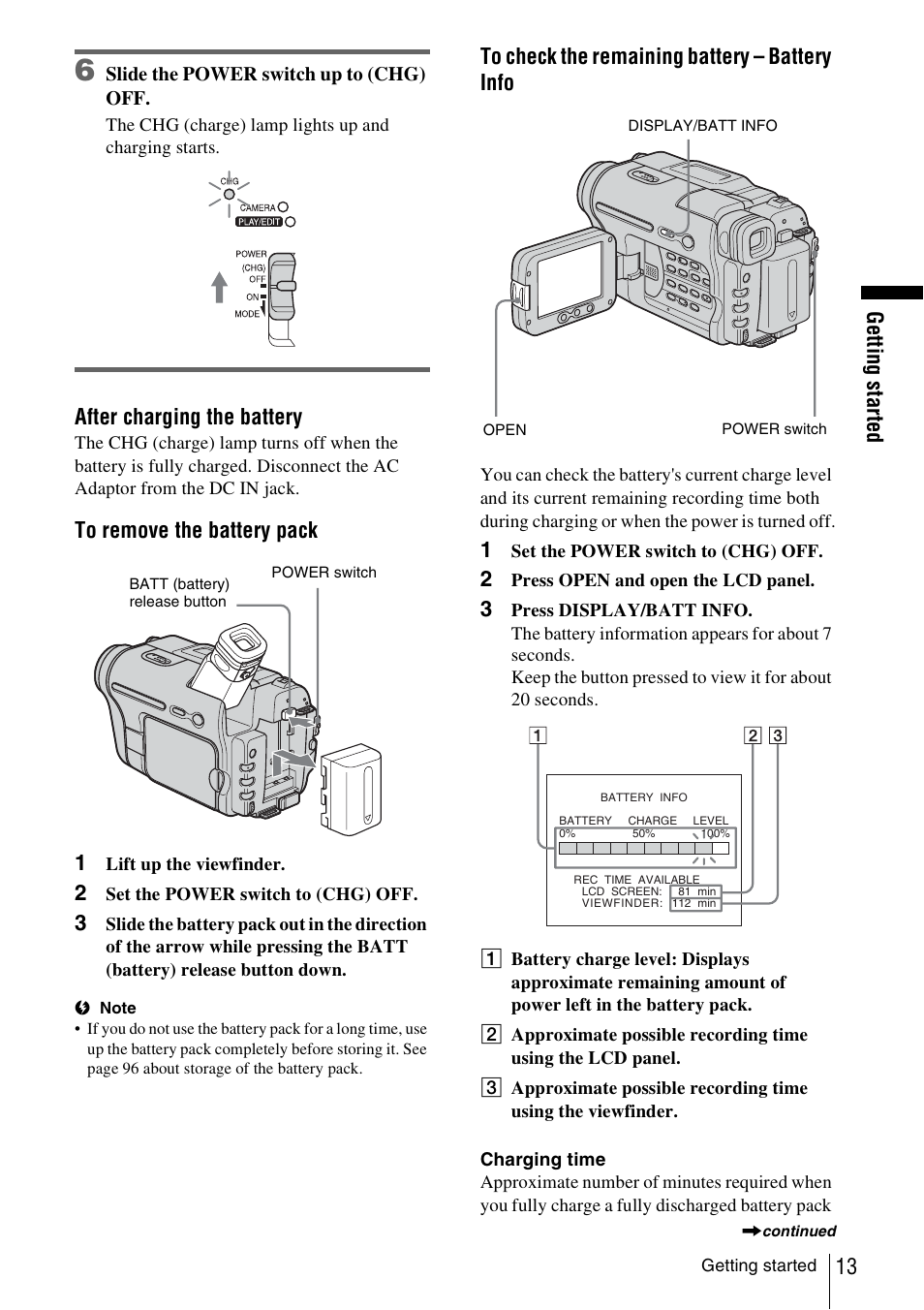 Get ting st art e d 13, After charging the battery | Sony CCD-TRV338 User Manual | Page 13 / 112