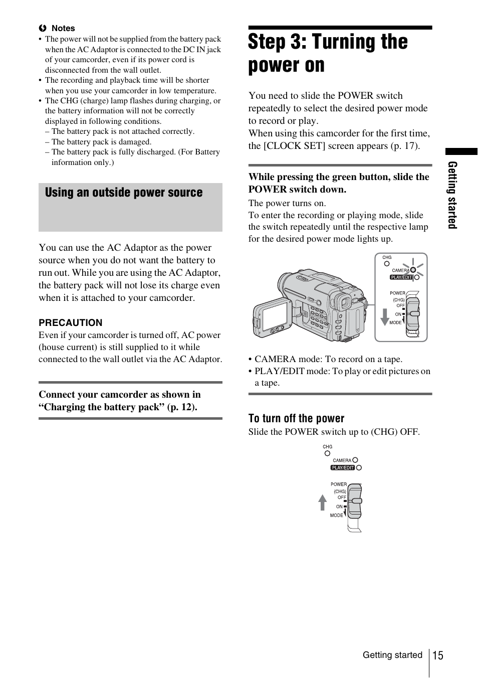 Using an outside power source, Step 3: turning the power on | Sony CCD-TRV338 User Manual | Page 15 / 112