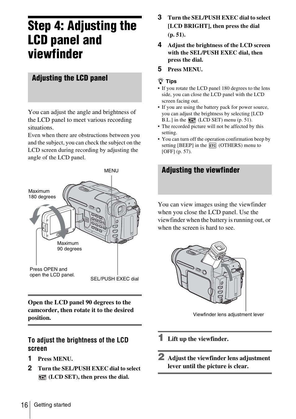 Step 4: adjusting the lcd panel and viewfinder, Adjusting the lcd panel, Adjusting the viewfinder | Adjusting the lcd panel adjusting the viewfinder | Sony CCD-TRV338 User Manual | Page 16 / 112