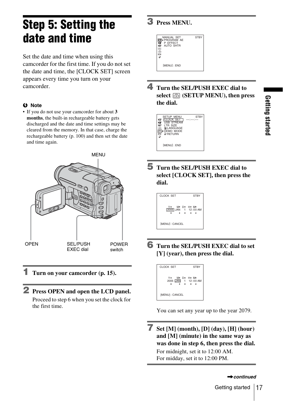 Step 5: setting the date and time, Get ting st art e d 17, Turn on your camcord er (p. 15) | Press open and open the lcd panel, Press menu | Sony CCD-TRV338 User Manual | Page 17 / 112