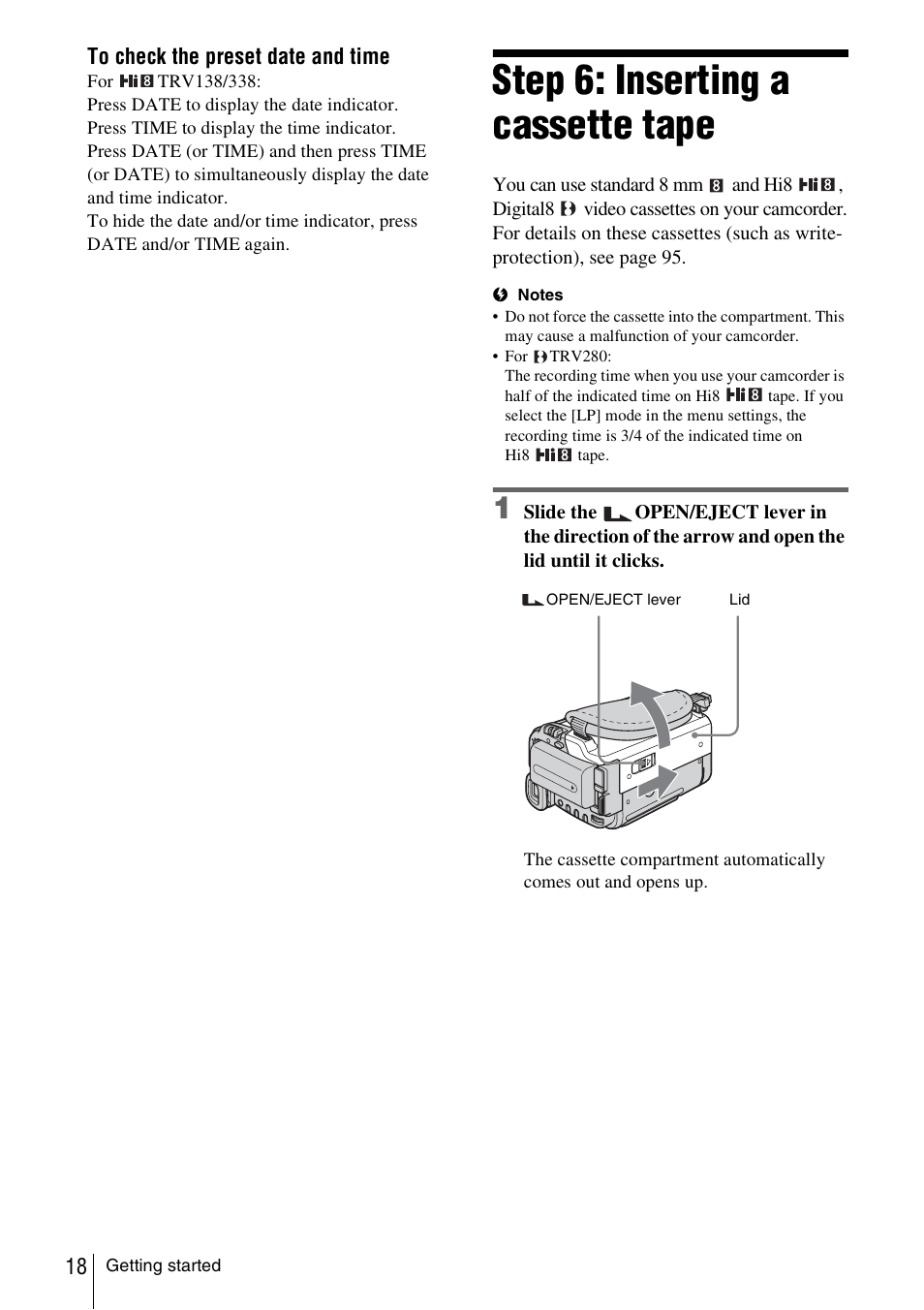 Step 6: inserting a cassette tape | Sony CCD-TRV338 User Manual | Page 18 / 112