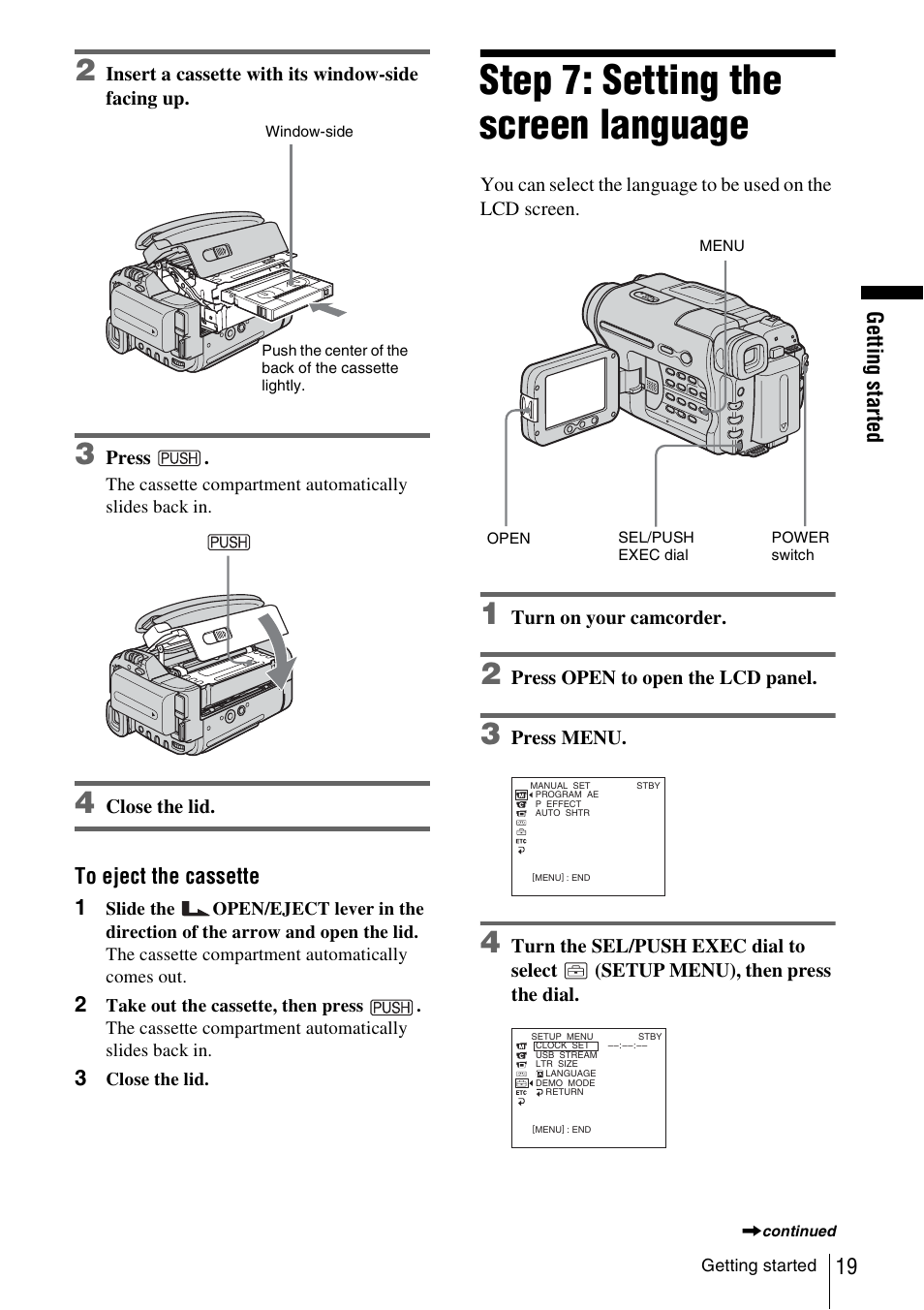 Step 7: setting the screen language | Sony CCD-TRV338 User Manual | Page 19 / 112