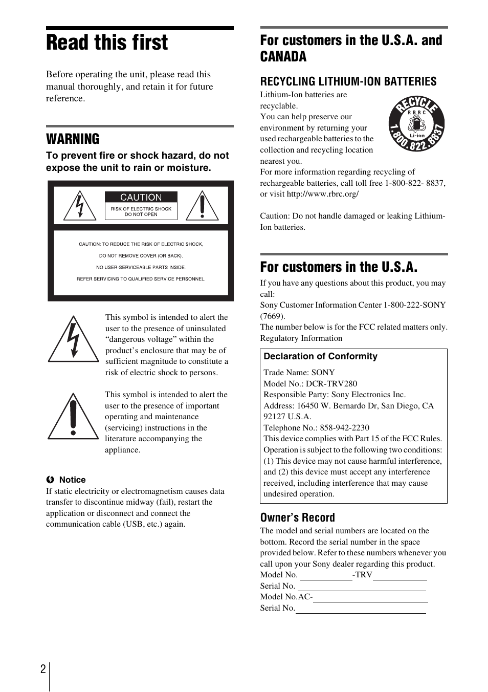 Read this first, Warning, For customers in the u.s.a. and canada | For customers in the u.s.a | Sony CCD-TRV338 User Manual | Page 2 / 112