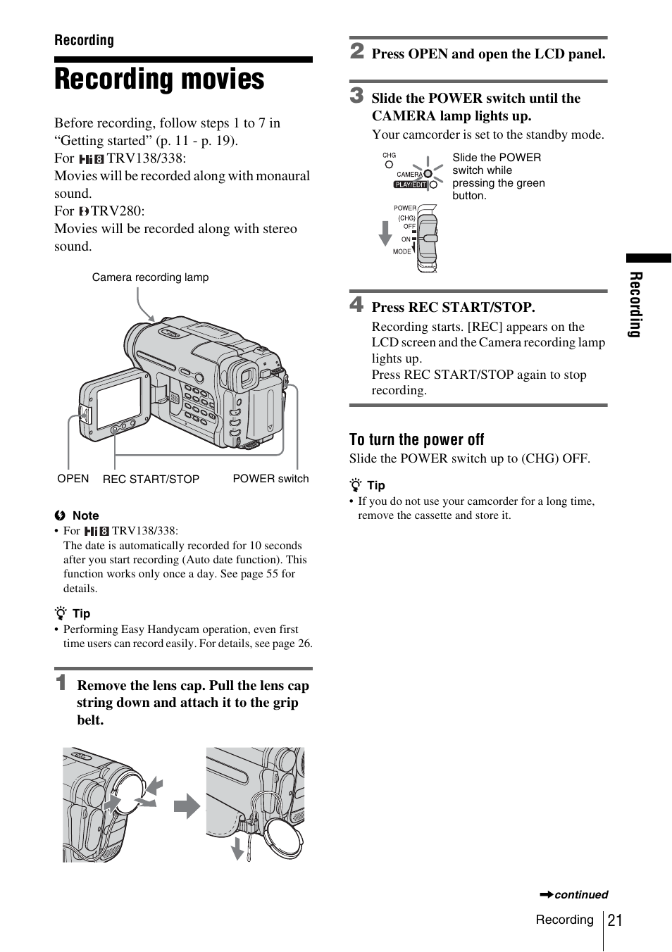 Recording, Recording movies | Sony CCD-TRV338 User Manual | Page 21 / 112