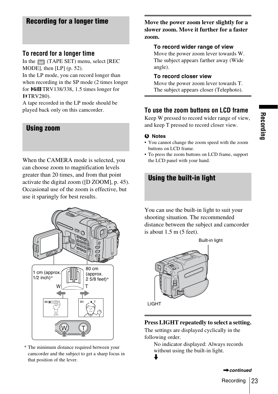 Recording for a longer time, Using zoom, Using the built-in light | Sony CCD-TRV338 User Manual | Page 23 / 112