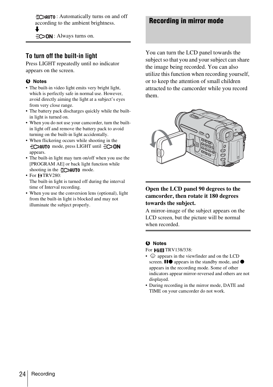 Recording in mirror mode | Sony CCD-TRV338 User Manual | Page 24 / 112