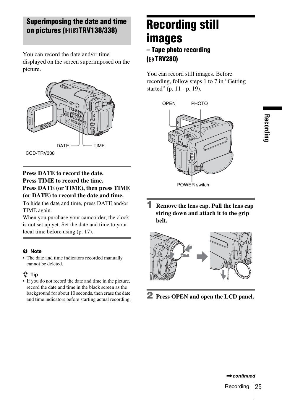 Superimposing the date and time on pictures, Trv138/338), Recording still images – tape photo recording | Trv280), Recording still images | Sony CCD-TRV338 User Manual | Page 25 / 112