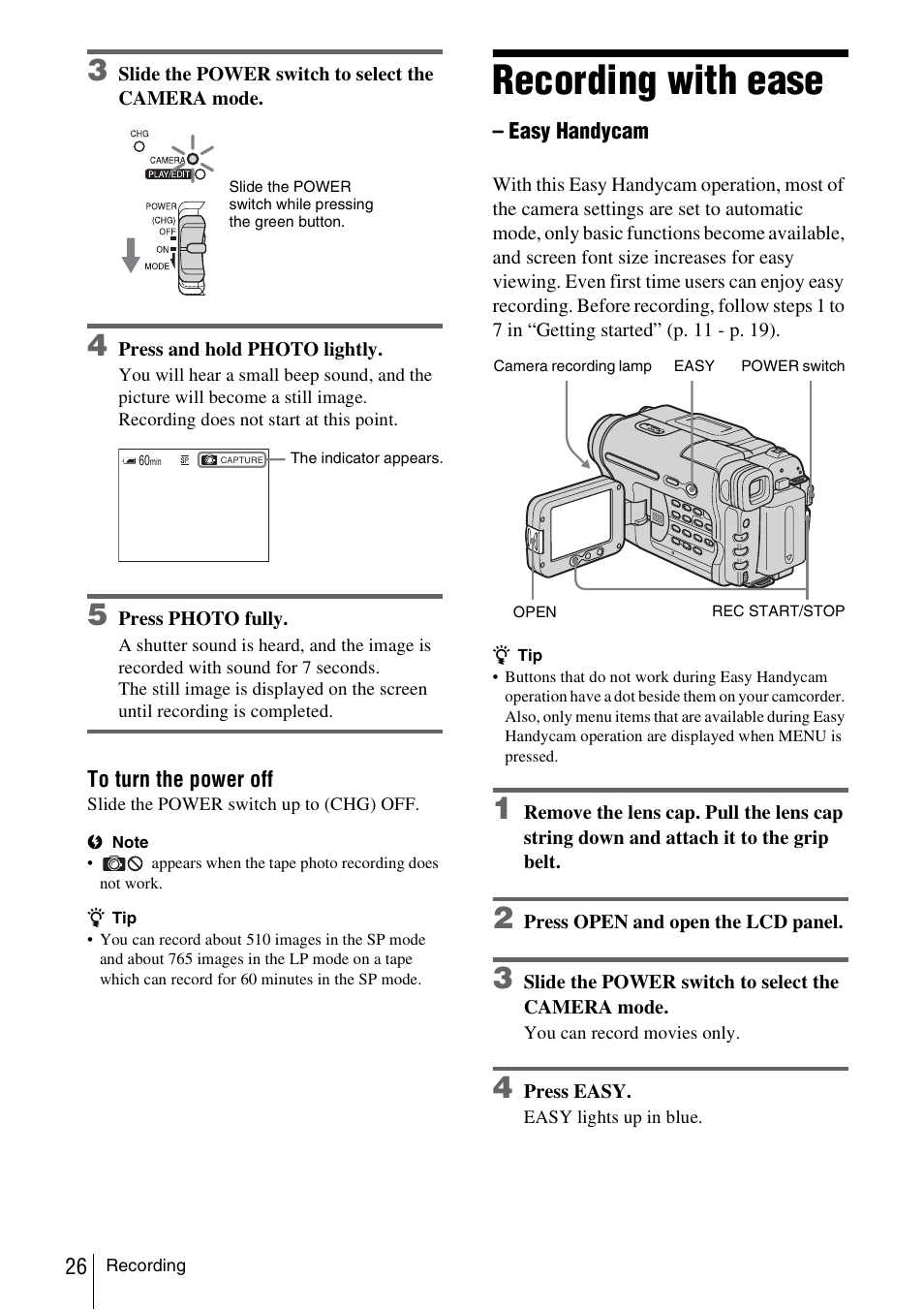 Recording with ease – easy handycam, Recording with ease | Sony CCD-TRV338 User Manual | Page 26 / 112