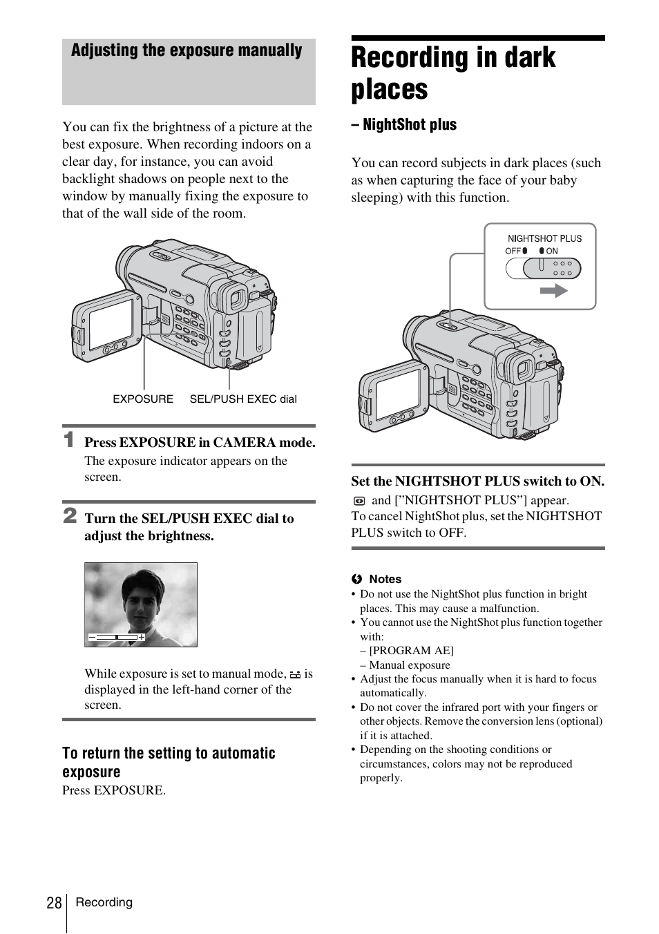 Adjusting the exposure manually, Recording in dark places – nightshot plus, Recording in dark places | Sony CCD-TRV338 User Manual | Page 28 / 112