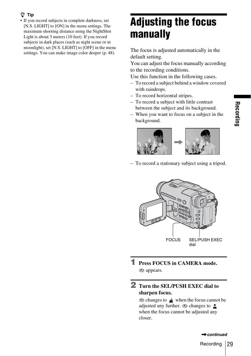 Adjusting the focus manually | Sony CCD-TRV338 User Manual | Page 29 / 112