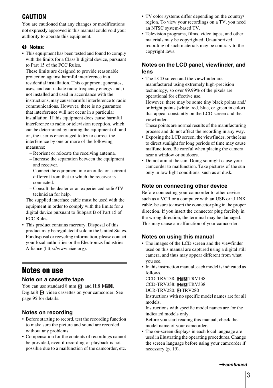 3caution | Sony CCD-TRV338 User Manual | Page 3 / 112