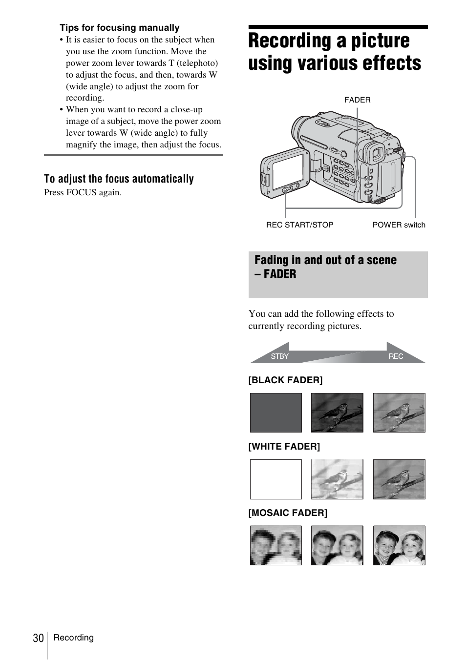 Recording a picture using various effects, Fading in and out of a scene – fader | Sony CCD-TRV338 User Manual | Page 30 / 112