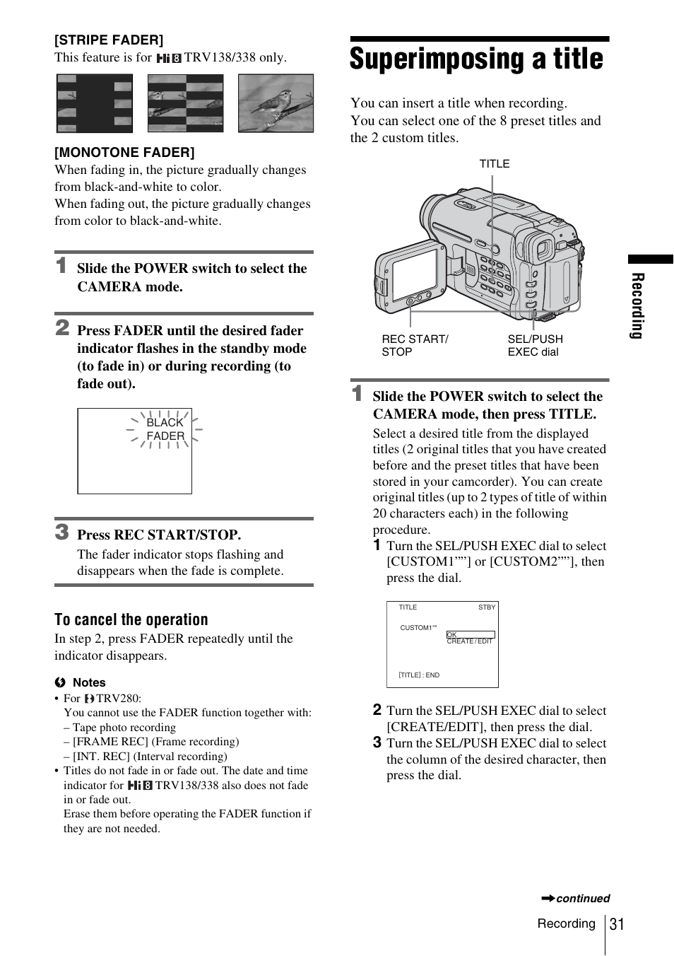 Superimposing a title | Sony CCD-TRV338 User Manual | Page 31 / 112